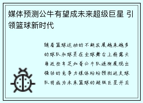 媒体预测公牛有望成未来超级巨星 引领篮球新时代