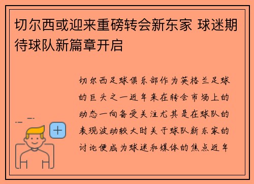 切尔西或迎来重磅转会新东家 球迷期待球队新篇章开启
