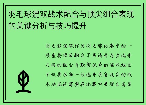 羽毛球混双战术配合与顶尖组合表现的关键分析与技巧提升